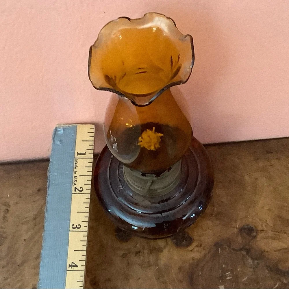 Vintage 7.5 Inch Amber Glass Oil Lamp With Fruit Details Read